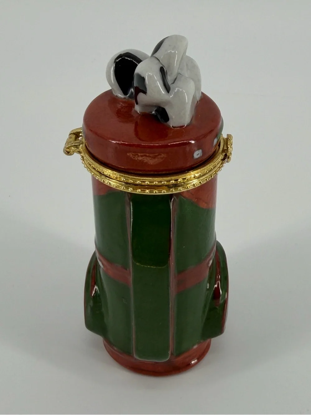 Vintage Golf Bag & Clubs Porcelain Hinged Trinket Box in Green Brown Gold
